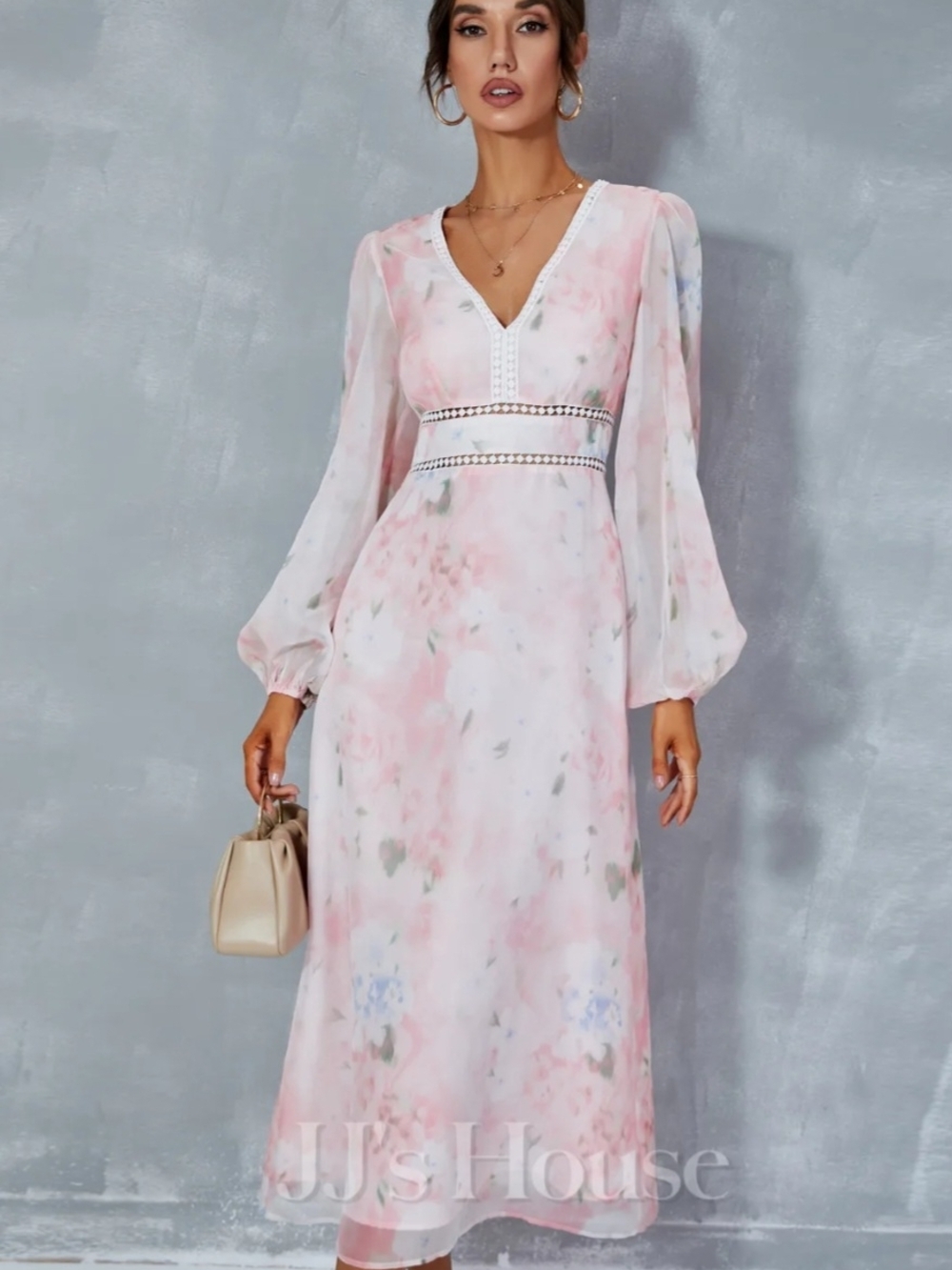 NEW JJ's HOUSE Elegant Watercolor Floral V-Neck Balloon Sleeve Maxi Dress size M